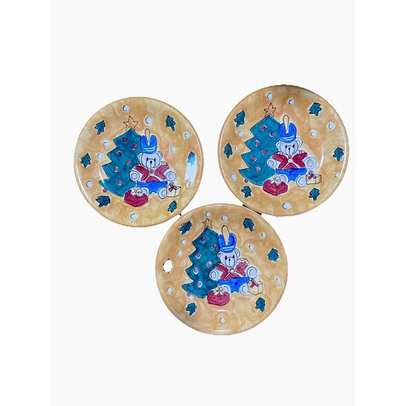 Three Gibson Festive Christmas Nutcracker Bear 11'1/8" Yellow Dinner Plates - Picture 1 of 11